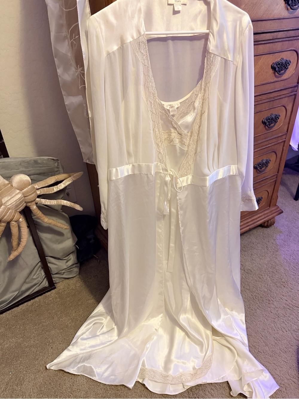 Vintage White Slip Dress & Robe Satin & Chiffon with Lace Trim